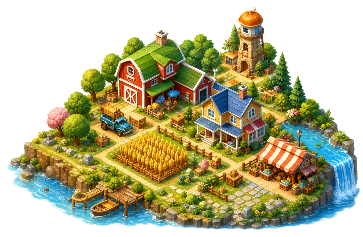Original isometric farm town with a barn, farmhouse, crops and market